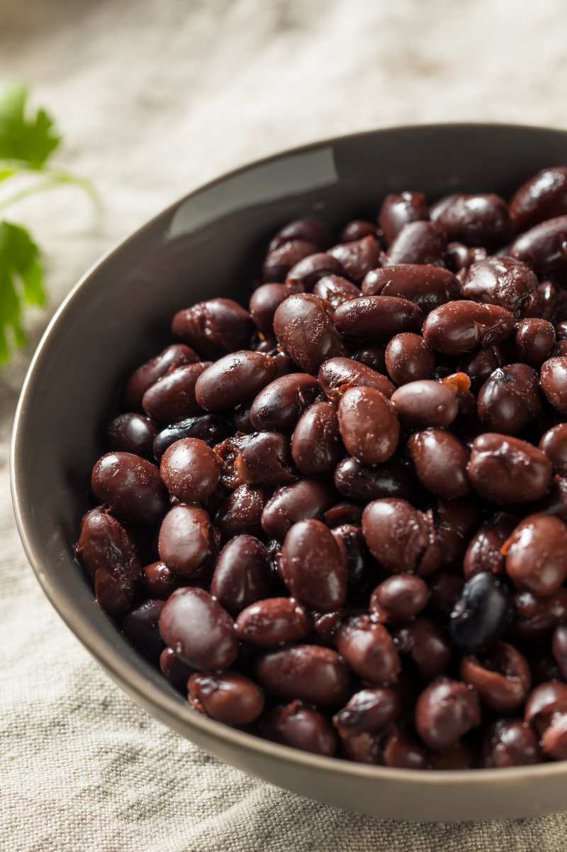 Tight view of quick-cooked black beans in a bowl with a sprig of fresh cilantro alongside.