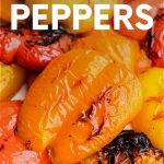 Tight view of grilled skin on bell pepper pieces. A text overlay reads, "Grilled Bell Peppers."