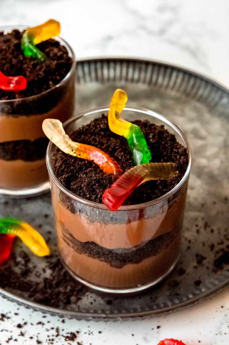 Top view of gummy worms in cookie crumb dirt atop layered pudding cups.