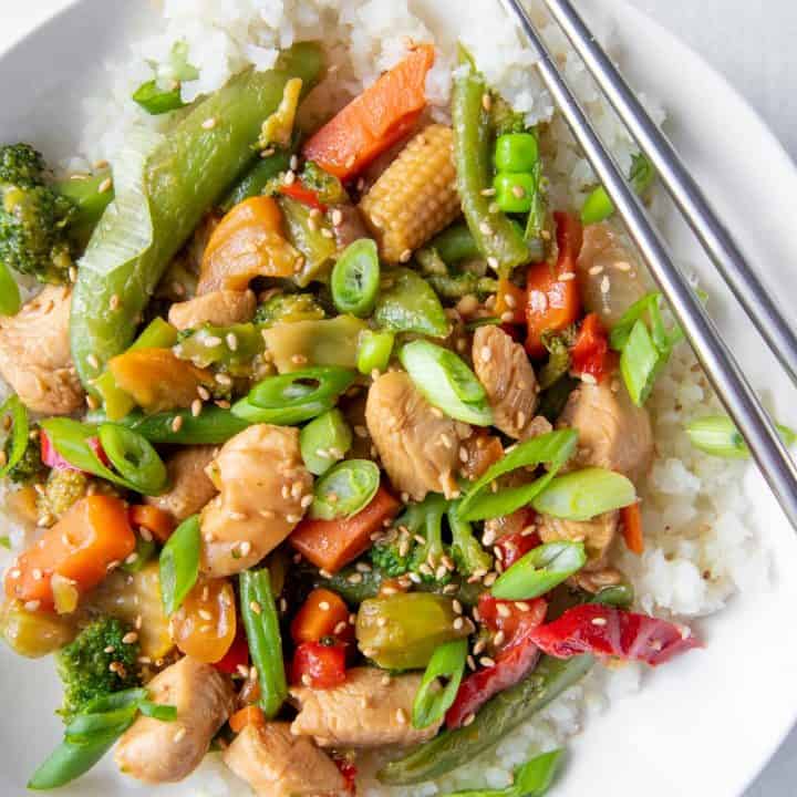 An overhead shot of stir fry in a bowl.