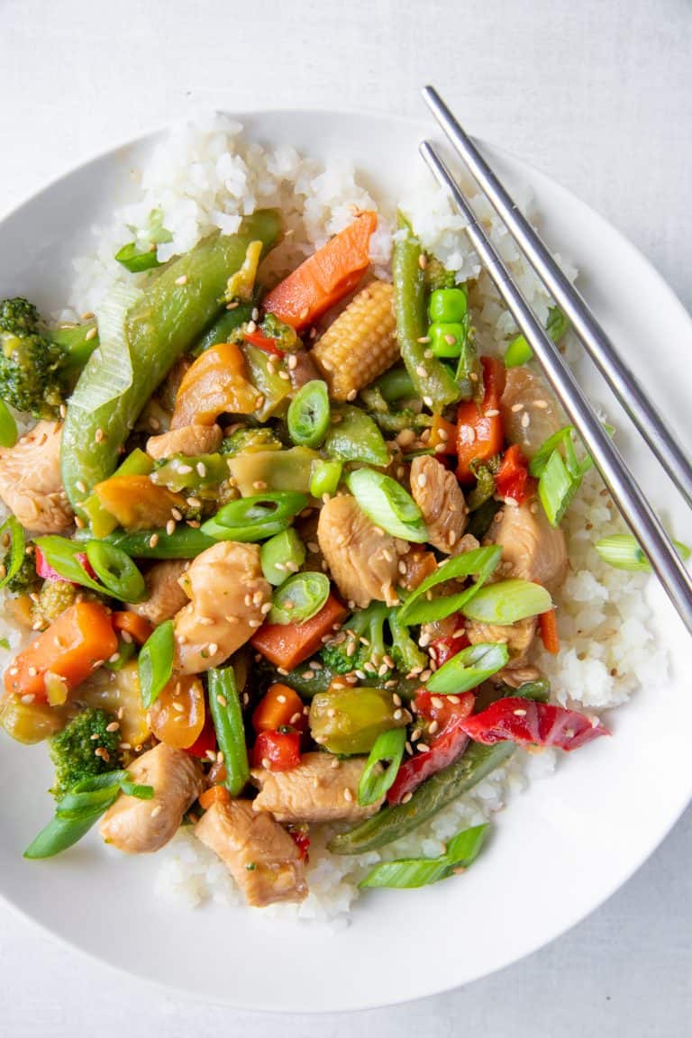 An overhead shot of stir fry in a bowl.