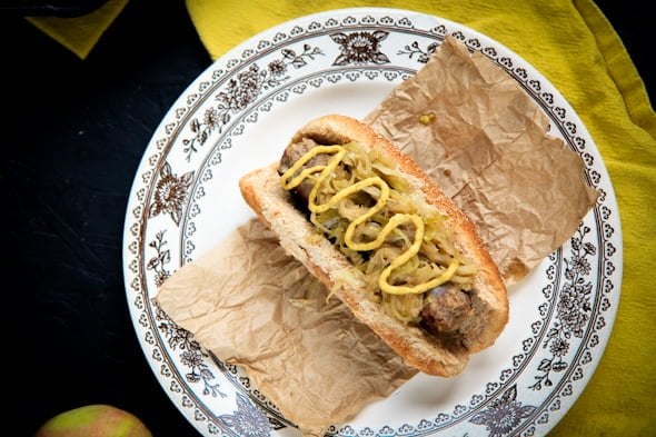 beer-braised brats with quick apple and onion sauerkraut