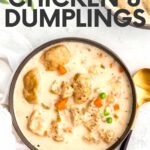 Overhead of a bowl of instant pot chicken and dumplings with a spoon resting beside it. A text overlay reads, "Instant Pot Chicken & Dumplings."