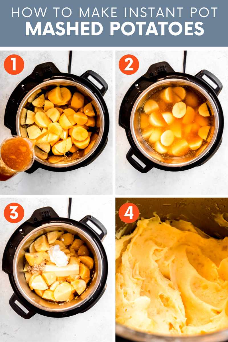 Collage of four simple steps to make Instant Pot mashed potatoes. A text overlay reads, "How to Make Instant Pot Mashed Potatoes."