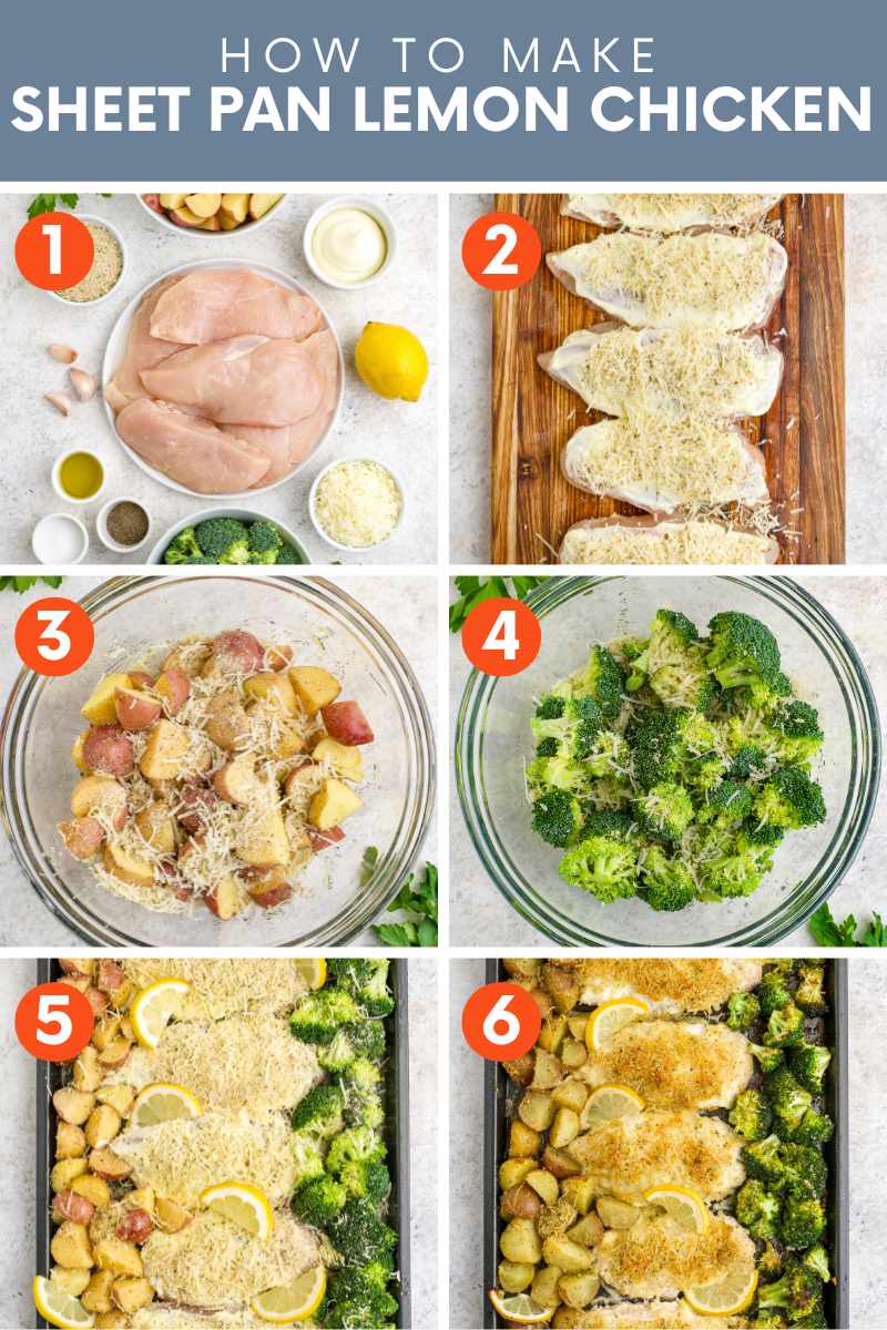 Collage of six simple steps to make lemon chicken and vegetables. A text overlay reads, "How to Make Sheet Pan Lemon Chicken."