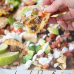 A hand holds up a nacho chip loaded with toppings including seasoned ground beef, black beans, and avocado. A text overlay reads, "Loaded Beef Nachos."