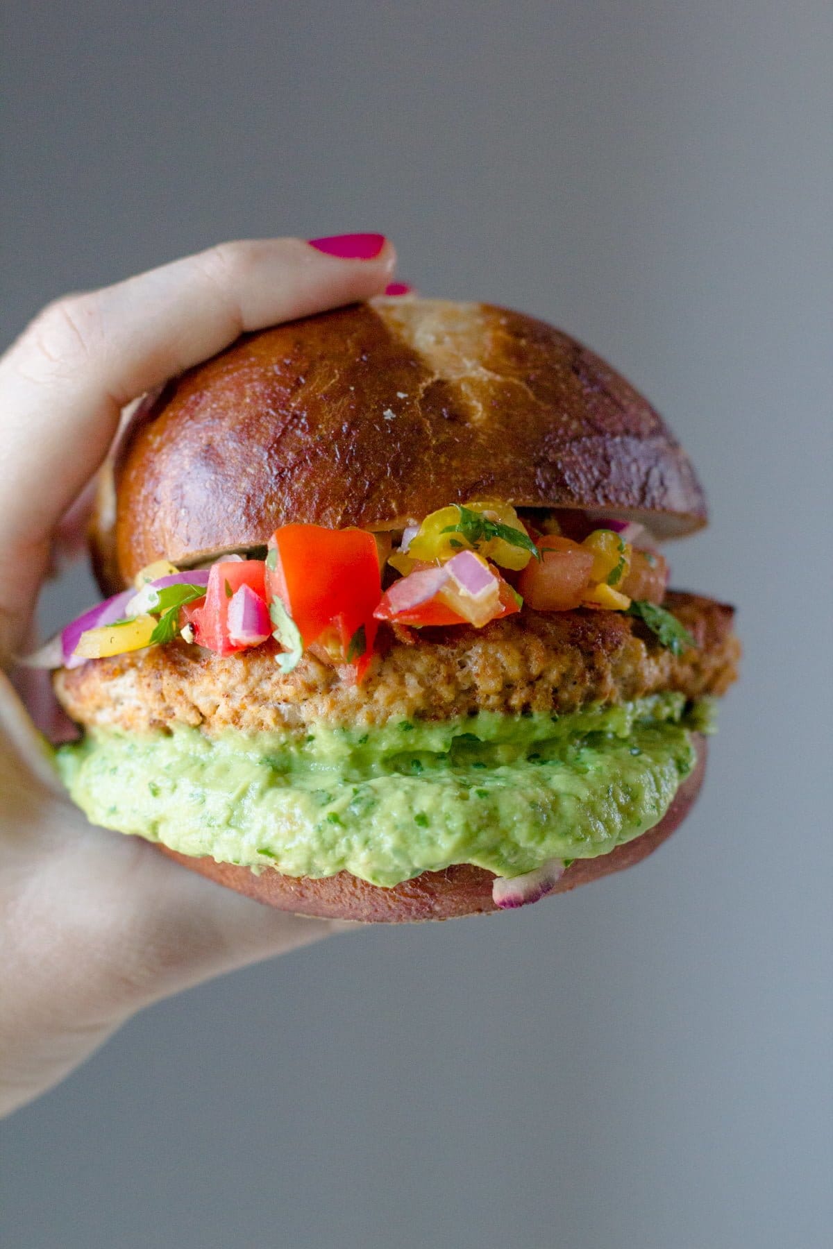 Salsa Chicken Burgers with Cilantro-Avocado Sauce