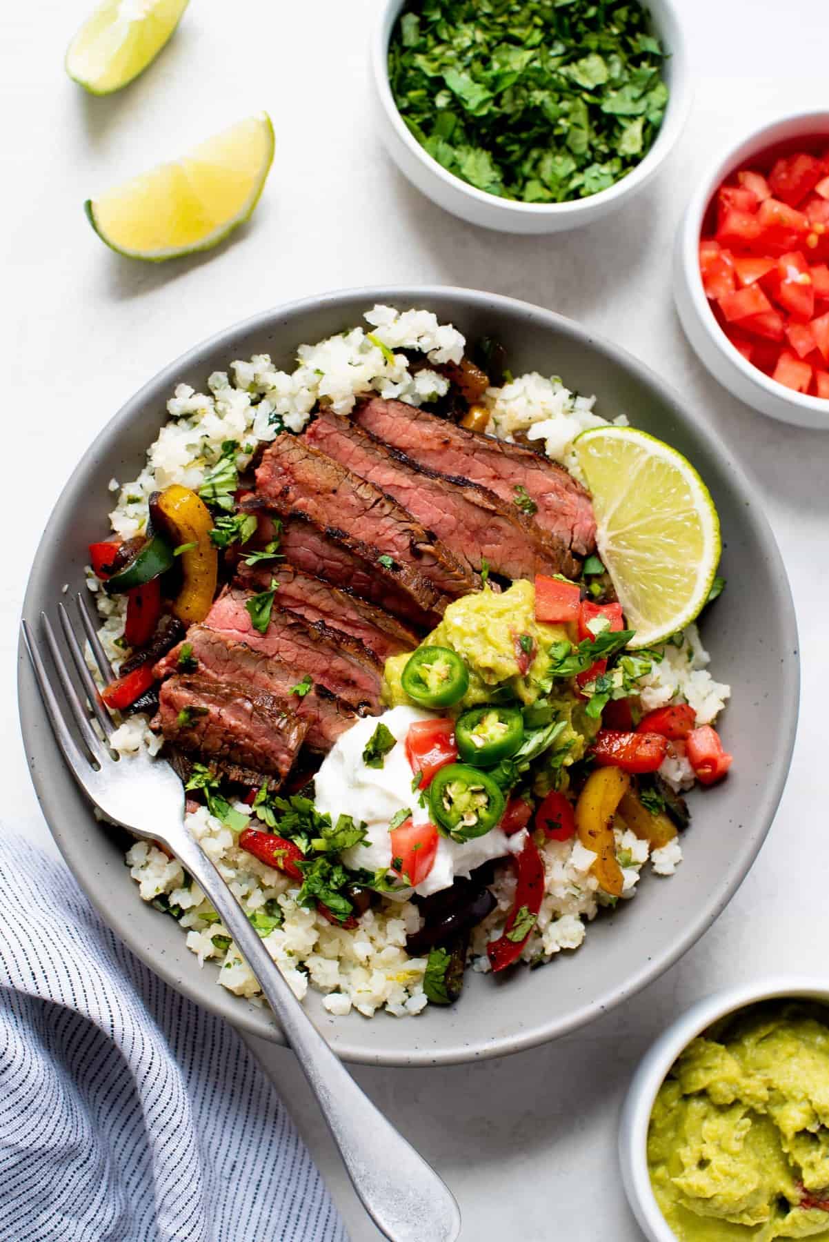 Steak Fajita Bowls with Cilantro-Lime Cauliflower Rice