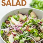 A green salad fills a white bowl. A text overlay reads "cranberry + apple + pecan Thanksgiving salad"